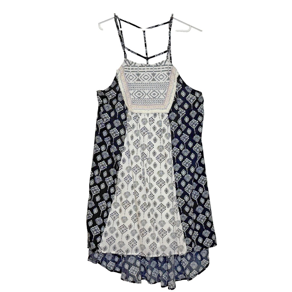 Flying Tomato Dress Womens Size Medium Black White Print Embroidery Strappy Boho